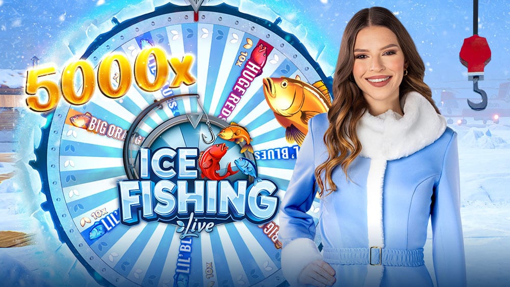 Evolution Ice Fishing key art: the wheel, three fish bonuses, and the host.